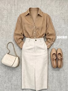 SHEIN 女款兩件式辦公套裝，休閒時尚寬鬆長袖襯衫搭配優雅專業通勤修身開衩裙，老錢風鄉村美學慵懶氛圍，四季皆宜 - 彩色 - 查看 5