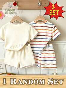Souflis Souflis (1 Random Set) Girls Fresh Minimalist Colorful Brown Stripes, Colorful Flowers, Puppy, Heart, Polka Dot Pattern Basic Short T-Shirt And Shorts Set - Multicolor - View 2