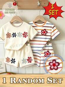 Souflis Souflis (1 Random Set) Girls Fresh Minimalist Colorful Brown Stripes, Colorful Flowers, Puppy, Heart, Polka Dot Pattern Basic Short T-Shirt And Shorts Set - Multicolor - View 1