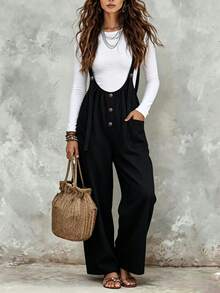 SHEIN Holidaya Women's Button Decor Casual Wide Leg Overalls, Spring/Summer - Black - View 5