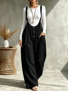 SHEIN Holidaya Women's Button Decor Casual Wide Leg Overalls, Spring/Summer - Black - View 4