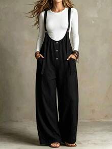 SHEIN Holidaya Women's Button Decor Casual Wide Leg Overalls, Spring/Summer - Black - View 3