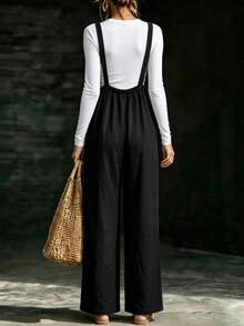 SHEIN Holidaya Women's Button Decor Casual Wide Leg Overalls, Spring/Summer - Black - View 2