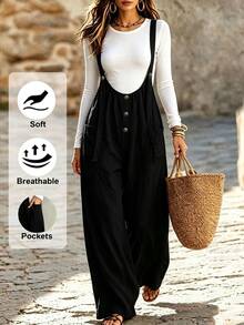 SHEIN Holidaya Women's Button Decor Casual Wide Leg Overalls, Spring/Summer - Black - View 1