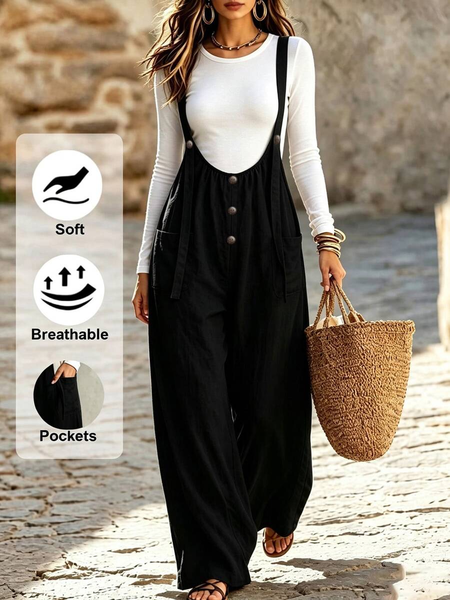 SHEIN Holidaya Women's Button Decor Casual Wide Leg Overalls, Spring/Summer - Black - View 1