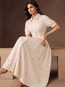 Anewsta Summer New Style Lapel Bead & Rhinestone Decor Waist-Defining Fashion Casual Versatile Shirt Dress - Beige - View 3