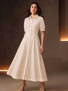 Anewsta Summer New Style Lapel Bead & Rhinestone Decor Waist-Defining Fashion Casual Versatile Shirt Dress - Beige - View 4
