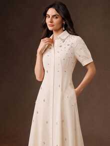 Anewsta Summer New Style Lapel Bead & Rhinestone Decor Waist-Defining Fashion Casual Versatile Shirt Dress - Beige - View 6