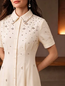 Anewsta Summer New Style Lapel Bead & Rhinestone Decor Waist-Defining Fashion Casual Versatile Shirt Dress - Beige - View 2