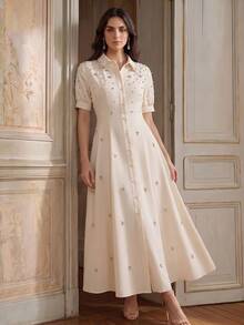 Anewsta Summer New Style Lapel Bead & Rhinestone Decor Waist-Defining Fashion Casual Versatile Shirt Dress - Beige - View 1