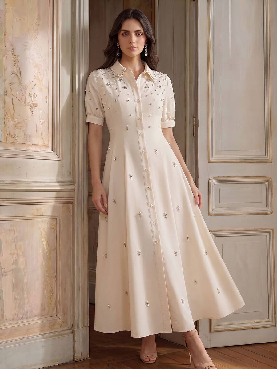 Anewsta Summer New Style Lapel Bead & Rhinestone Decor Waist-Defining Fashion Casual Versatile Shirt Dress - Beige - View 1