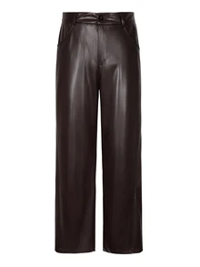 HUEFORM Men's Retro Dark Brown Autumn Business Casual Sunset Evening Loose Fit Flared Wide Leg Pants, Smooth PU Leather Outdoor Trousers - Coffee Brown - View 4