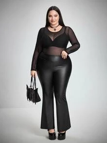 SHEIN CURVE+ Plus Size Women's Sheer High Elasticity Base Layer Top - Black - View 6