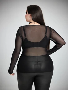SHEIN CURVE+ Plus Size Women's Sheer High Elasticity Base Layer Top - Black - View 2