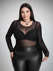 SHEIN CURVE+ Plus Size Women's Sheer High Elasticity Base Layer Top - Black - View 5