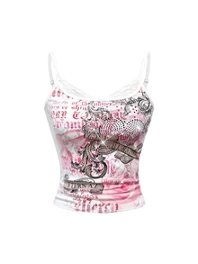 ROMWE Grunge Punk Spring/Summer Valentine's Day Summer Concert Festival Y2K Chic Retro Romantic Rose Floral & Vine Heart Rhinestone Embellished Crop Top For Women - Pink - View 1