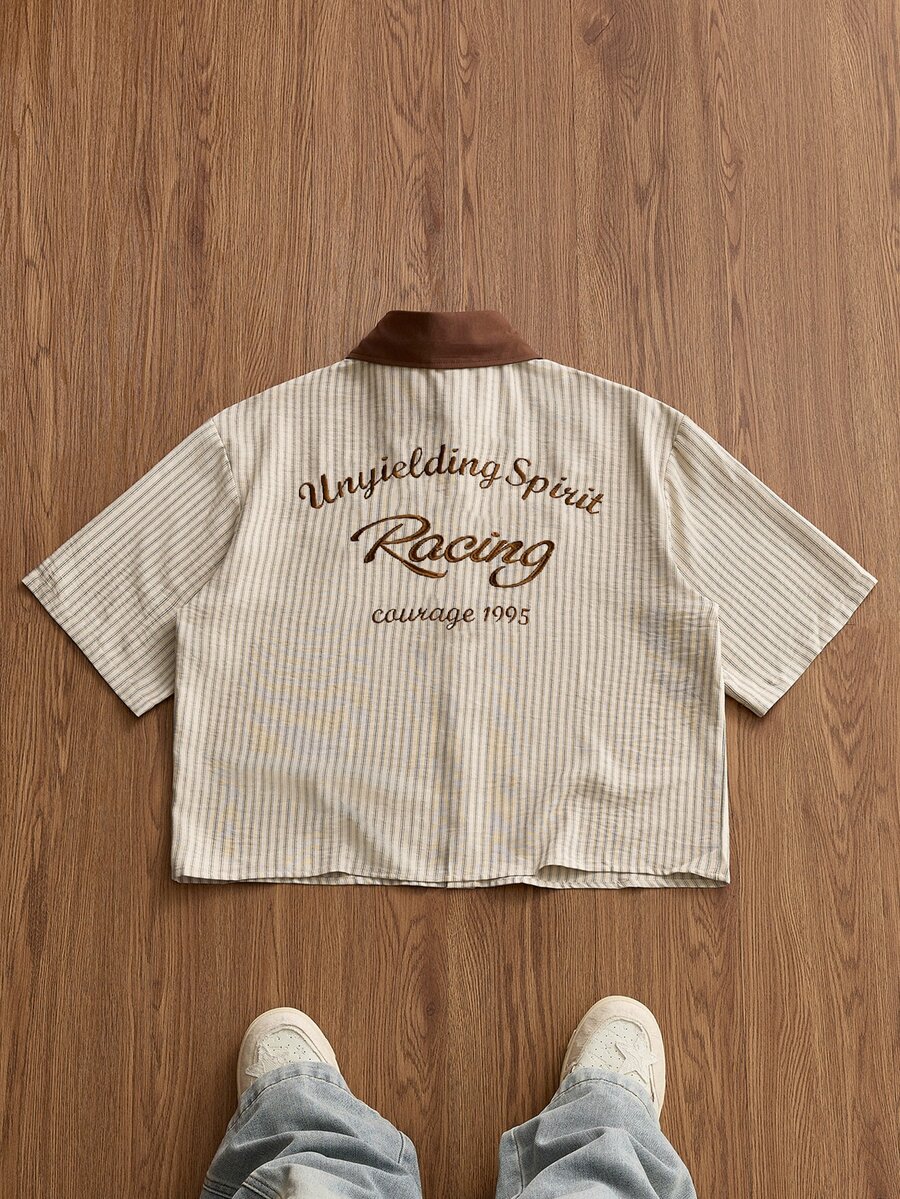 SWAVVY 男士休閒復古條紋字母刺繡襯衫,適合日常穿著的多功能款式 - 卡其色 - 查看 1