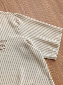 SWAVVY Men's Fashion Casual Vintage Striped Letter Embroidered Shirt, Versatile For Daily Wear - Khaki - View 5