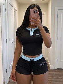 Slaydiva 女款字母印花短袖短版T恤與短褲休閒兩件套 - 彩色 - 查看 7