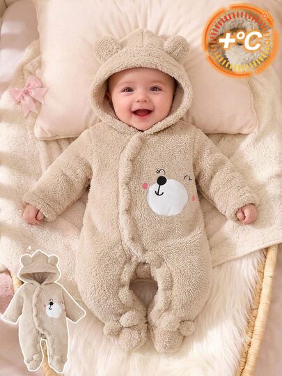 SHEIN Newborn Baby Boy Girl Romper Bear Ear Hooded Fleece Footed Jumpsuit Side Snap Cartoon Printed Winter Thicken Toddler Cute Family Matching Beige Winter