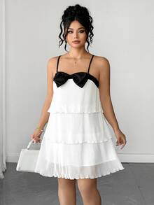 Rometta Plus Size Women's Spaghetti Strap Dress With Triple Layer Pleated Design And Prominent Black Bow On The Chest - White - View 7