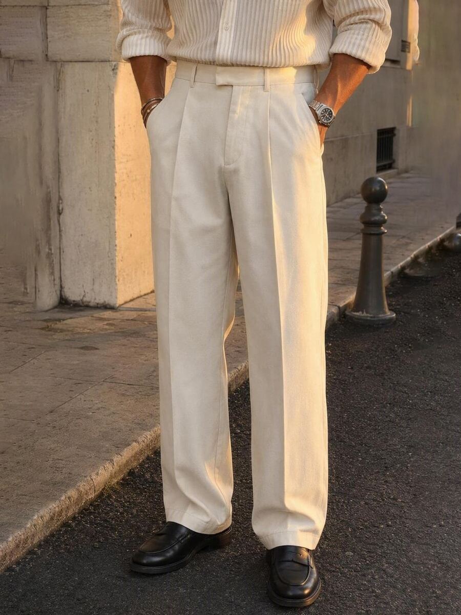 HIMLAND Men's Solid Color Pleated Tapered Casual Long Pants With Pockets