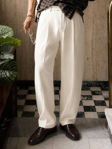 HIMLAND Men's Solid Color Pleated Tapered Casual Long Pants With Pockets - Apricot - View 4