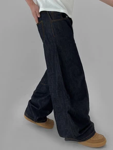 DAZY Spring/Autumn Navy Blue Curved Leg Knee Pleated Deconstructed Design Street Style Long Men's Jeans - Navy Blue - View 4