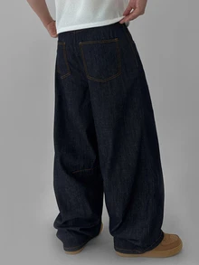 DAZY Spring/Autumn Navy Blue Curved Leg Knee Pleated Deconstructed Design Street Style Long Men's Jeans - Navy Blue - View 6