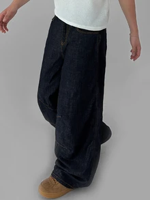 DAZY Spring/Autumn Navy Blue Curved Leg Knee Pleated Deconstructed Design Street Style Long Men's Jeans - Navy Blue - View 2