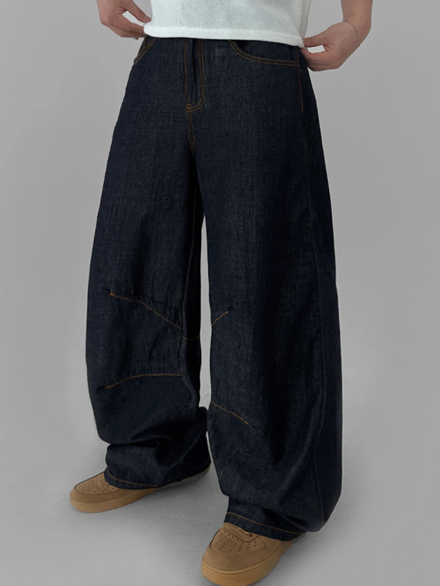DAZY Spring/Autumn Navy Blue Curved Leg Knee Pleated Deconstructed Design Street Style Long Men's Jeans - Navy Blue - View 1