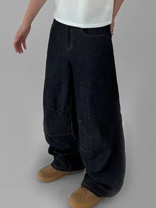 DAZY Spring/Autumn Navy Blue Curved Leg Knee Pleated Deconstructed Design Street Style Long Men's Jeans - Navy Blue - View 5