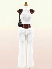 Amplova Women's Elastic Waist Cable Knit Casual Flare Leg Pants - Apricot - View 3