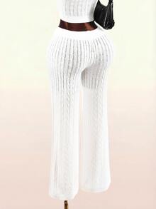 Amplova Women's Elastic Waist Cable Knit Casual Flare Leg Pants - Apricot - View 1