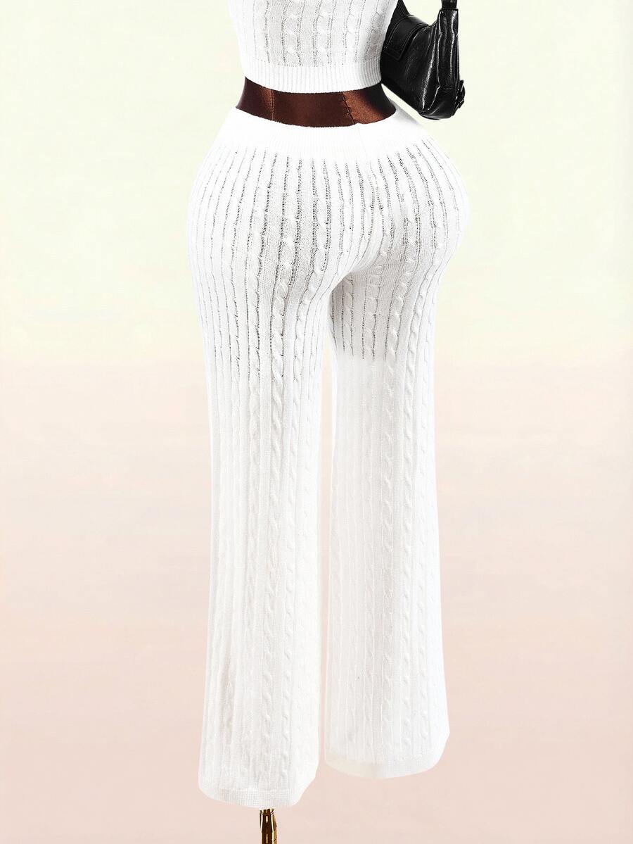 Amplova Women's Elastic Waist Cable Knit Casual Flare Leg Pants - Apricot - View 1