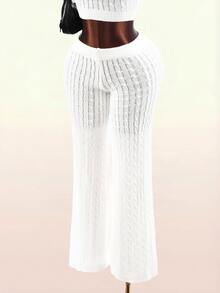 Amplova Women's Elastic Waist Cable Knit Casual Flare Leg Pants - Apricot - View 9