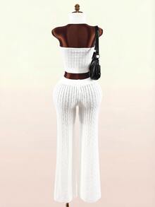Amplova Women's Elastic Waist Cable Knit Casual Flare Leg Pants - Apricot - View 10