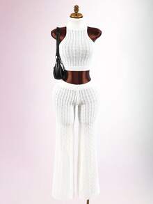 Amplova Women's Elastic Waist Cable Knit Casual Flare Leg Pants - Apricot - View 2