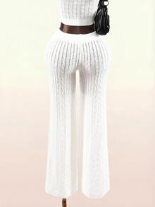 Amplova Women's Elastic Waist Cable Knit Casual Flare Leg Pants - Apricot - View 4