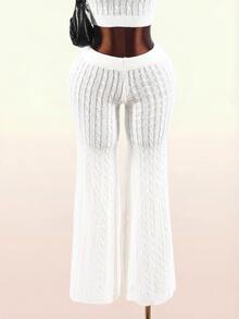 Amplova Women's Elastic Waist Cable Knit Casual Flare Leg Pants - Apricot - View 11