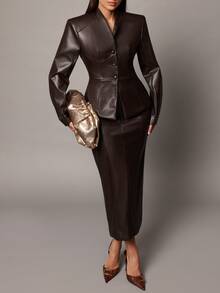 Silquee Autumn Fashion Commuter Jacket And Skirt Set - Brown - View 3