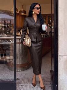 Silquee Autumn Fashion Commuter Jacket And Skirt Set - Brown - View 1