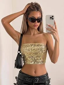 SHEIN ICON Fashionable Party Sequin Cropped Bustier Top - Gold - View 1