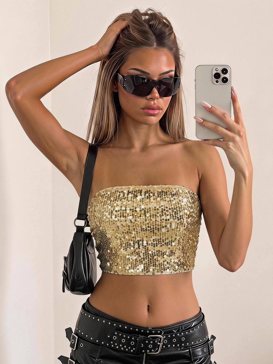 SHEIN ICON Fashionable Party Sequin Cropped Bustier Top - Gold - View 1