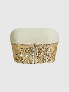 SHEIN ICON Fashionable Party Sequin Cropped Bustier Top - Gold - View 2