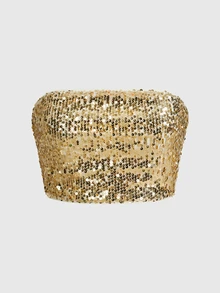 SHEIN ICON Fashionable Party Sequin Cropped Bustier Top - Gold - View 5