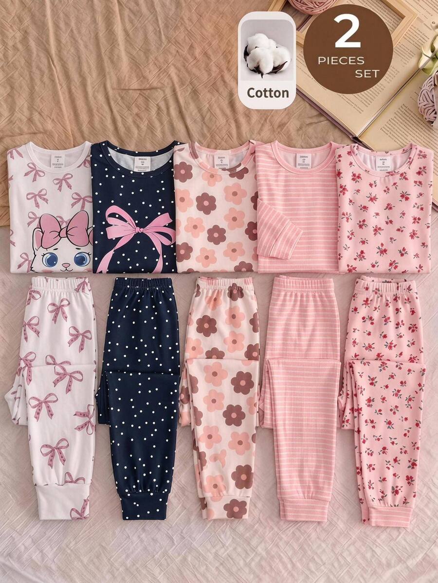 SHEIN 女童休閒極簡修身舒適圓領長袖長褲套裝,適合春夏秋冬,1套,貼身版型 - 彩色 - 查看 1
