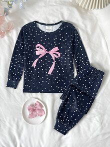 SHEIN 女童休閒極簡修身舒適圓領長袖長褲套裝，適合春夏秋冬，1套，貼身版型 - 彩色 - 查看 2
