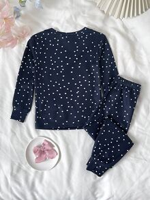 SHEIN 女童休閒極簡修身舒適圓領長袖長褲套裝，適合春夏秋冬，1套，貼身版型 - 彩色 - 查看 3
