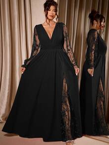 Cravure Plus Size Women's Elegant Deep V-Neck Lace Patchwork Long Sleeve High Slit Maxi Dress,Black,Summer,Formal,Evening,Night For Wedding Party Graduation - Black - View 8